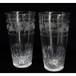 PAIR EDWARDIAN ENGRAVED PINT GLASSES, with hops-vine collar and initialled 'C' medallions, flute cut