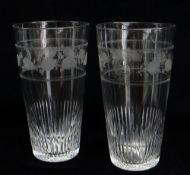 PAIR EDWARDIAN ENGRAVED PINT GLASSES, with hops-vine collar and initialled 'C' medallions, flute cut