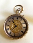 18K GOLD FOB WATCH, overall engraved, the dial having Roman numerals and foliate decoration, 45.8gms