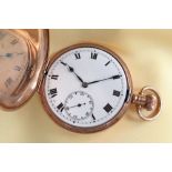 GEORGE V 9CT GOLD HUNTER SIDE WIND POCKET WATCH, the white enamel dial having subsidiary seconds