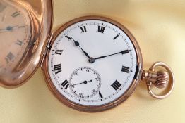 GEORGE V 9CT GOLD HUNTER SIDE WIND POCKET WATCH, the white enamel dial having subsidiary seconds