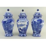 SET OF THREE CAULDON 'BLUE CHARIOTS' BLUE & WHITE' PRINTED BALUSTER VASES & COVERS of tapering