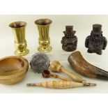 ASSORTED METALWARE & TREEN, including pair of polished bronze altar vases 16cms hight; Kruger