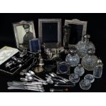 ASSORTED SILVER & CUT GLASS ORNAMENTS including Copeland porcelain flask with silver cover,
