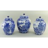 SET OF THREE CAULDON 'BLUE CHARIOTS' BLUE & WHITE' PRINTED POT POURRI VASES & COVERS, 22.5cms and