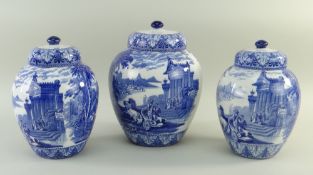 SET OF THREE CAULDON 'BLUE CHARIOTS' BLUE & WHITE' PRINTED POT POURRI VASES & COVERS, 22.5cms and