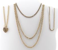 ASSORTED 9CT GOLD JEWELLERY comprising 9ct gold necklace, 57cms long, together with three 9ct gold