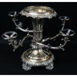 EARLY VICTORIAN OLD SHEFFIELD PLATE ARMORIAL FOUR-ARM EPERGNE, acanthus capped twisted s-form arms,