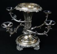 EARLY VICTORIAN OLD SHEFFIELD PLATE ARMORIAL FOUR-ARM EPERGNE, acanthus capped twisted s-form arms,