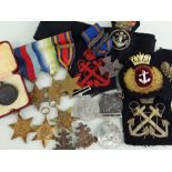 ASSORTED MEDALS & MILITARIA comprising WWII medals including Burma Star, Atlantic Star, 1939-45 Star