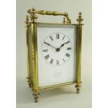 FRENCH BRASS CARRIAGE CLOCK, white enamel Roman dial with retailer 'J. Craven, Fore St, Tiverton',