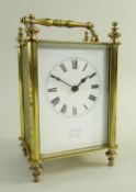 FRENCH BRASS CARRIAGE CLOCK, white enamel Roman dial with retailer 'J. Craven, Fore St, Tiverton',