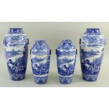 TWO PAIRS OF CAULDON 'BLUE CHARIOTS' BLUE & WHITE' PRINTED VASES, of oviform with fixed ring