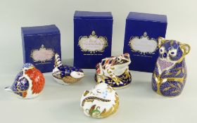 FIVE ROYAL CROWN DERBY BONE CHINA PAPERWEIGHTS, including Wren, Robin, Frog, Dormouse and Koala,