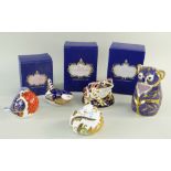 FIVE ROYAL CROWN DERBY BONE CHINA PAPERWEIGHTS, including Wren, Robin, Frog, Dormouse and Koala,