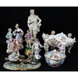 ASSORTED CONTINENTAL CHINA, including Meissen Hausmaler sucrier & cover, painted with alternating