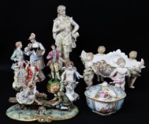 ASSORTED CONTINENTAL CHINA, including Meissen Hausmaler sucrier & cover, painted with alternating