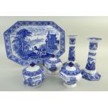 CAULDON 'BLUE CHARIOTS' BLUE & WHITE' PRINTED DRESSING TABLE SET, octagonal tray with pair