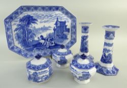 CAULDON 'BLUE CHARIOTS' BLUE & WHITE' PRINTED DRESSING TABLE SET, octagonal tray with pair