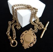 9CT GOLD ALBERT WATCH CHAIN, curb link, with T-bar and pendant, 35.4gms overall