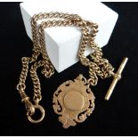 9CT GOLD ALBERT WATCH CHAIN, curb link, with T-bar and pendant, 35.4gms overall