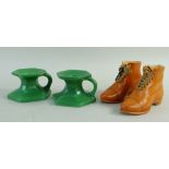 PAIR ART DECO PORCELAIN CHAMBERSTICKS & PAIR GERMAN PORCELAIN MODEL BROGUE BOOTS, the former