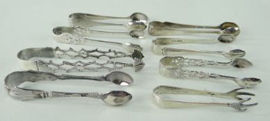 EIGHT EARLY 20TH CENTURY SILVER SUGAR TONGS comprising five Sheffield examples, two Birmingham