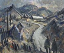 GARETH PARRY oil on canvas - slate quarry road and buildings with two figures, signed and with