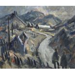 GARETH PARRY oil on canvas - slate quarry road and buildings with two figures, signed and with