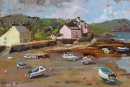 NIA MACKEOWN oil on panel - beach scene with boats, entitled verso 'Low Tide, Newport', signed, 20 x