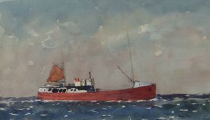 GYRTH RUSSELL watercolour - beam-trawler with red hull and sail, signed, 19 x 32cms Provenance: