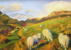 PETER WINSTANLEY oil on linen - track in Cwm Pennant with numerous grazing sheep, signed with