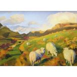 PETER WINSTANLEY oil on linen - track in Cwm Pennant with numerous grazing sheep, signed with