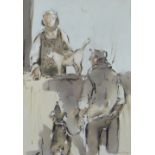 WILLIAM SELWYN colourwash - lady with cat at a counter serving a hatted gentleman with his dog,
