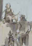 WILLIAM SELWYN colourwash - lady with cat at a counter serving a hatted gentleman with his dog,