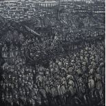 NICK EVANS large oil on board - expansive and powerful depiction of a mining community with