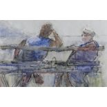 GORDON STUART watercolour - two figures talking on a bench, signed and dated 2011, 25.5 x 38cms