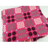 VINTAGE WELSH TAPESTRY REVERSIBLE BLANKET of geometric design, pink ground with black, grey and