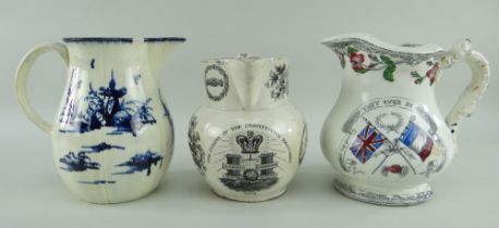 TWO 19TH CENTURY WELSH JUGS & ANOTHER UNKNOWN comprising (1) commemorative transfer for the 1832