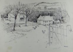 JOHN ELWYN pen and ink - the farm Wern Newydd, Newquay, Cardiganshire with poultry, inscribed '