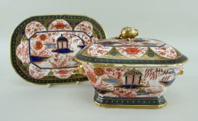 RARE SHAPE SWANSEA PORCELAIN TUREEN & STAND of canted rectangular form, twin handles in the form