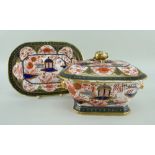 RARE SHAPE SWANSEA PORCELAIN TUREEN & STAND of canted rectangular form, twin handles in the form