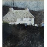 JOHN KNAPP-FISHER mixed media - whitewashed cottage, entitled verso 'Welsh Cottage', signed and