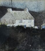 JOHN KNAPP-FISHER mixed media - whitewashed cottage, entitled verso 'Welsh Cottage', signed and