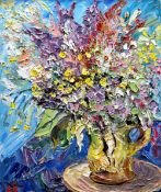 ALAN KNIGHT oil on canvas - colourful flowers in a vessel, entitled verso 'Wild Flowers', signed