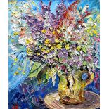 ALAN KNIGHT oil on canvas - colourful flowers in a vessel, entitled verso 'Wild Flowers', signed