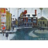 HYWEL HARRIES dry-mounting print - Chalybeate Street, Aberystwyth with Salvation Army Building and