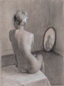HARRY HOLLAND chalk on paper - figure with mirror, entitled verso on Martin Tinney Gallery label