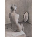 HARRY HOLLAND chalk on paper - figure with mirror, entitled verso on Martin Tinney Gallery label