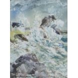 GWILYM PRICHARD watercolour - crashing waves on rocks, entitled verso 'Rough Sea, La Mer Agitee',